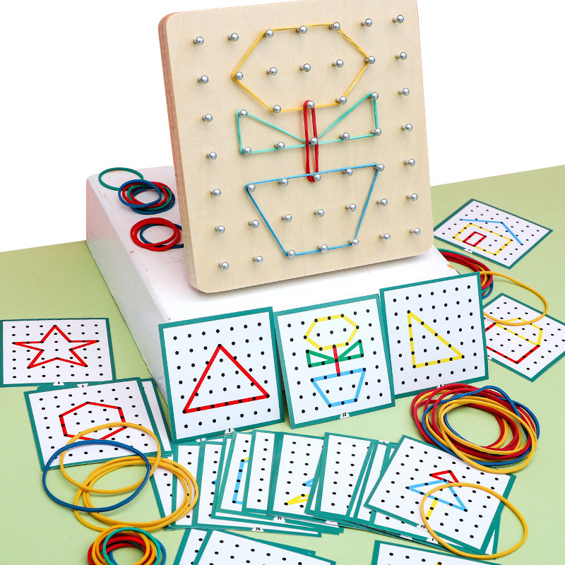 

Montessori Educational Children Math Wooden Toys Set Geometric Shape Rubber Band Nail Board Game Graphics Math Pattern Blocks