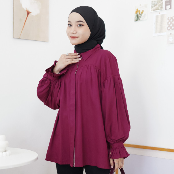 Lopika Blouse Wanita Kekinian - Kemeja Rayon - Blouse Burgundy / Hitam / Latte - Blouse Balon