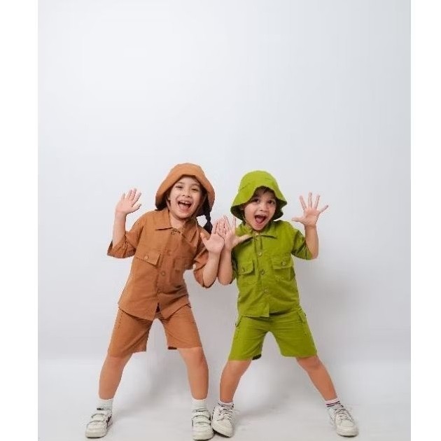 Setelan Anak Safari Katun Linen 2-8 Tahun Baju Celana Free Topi One Set Safari Zoo