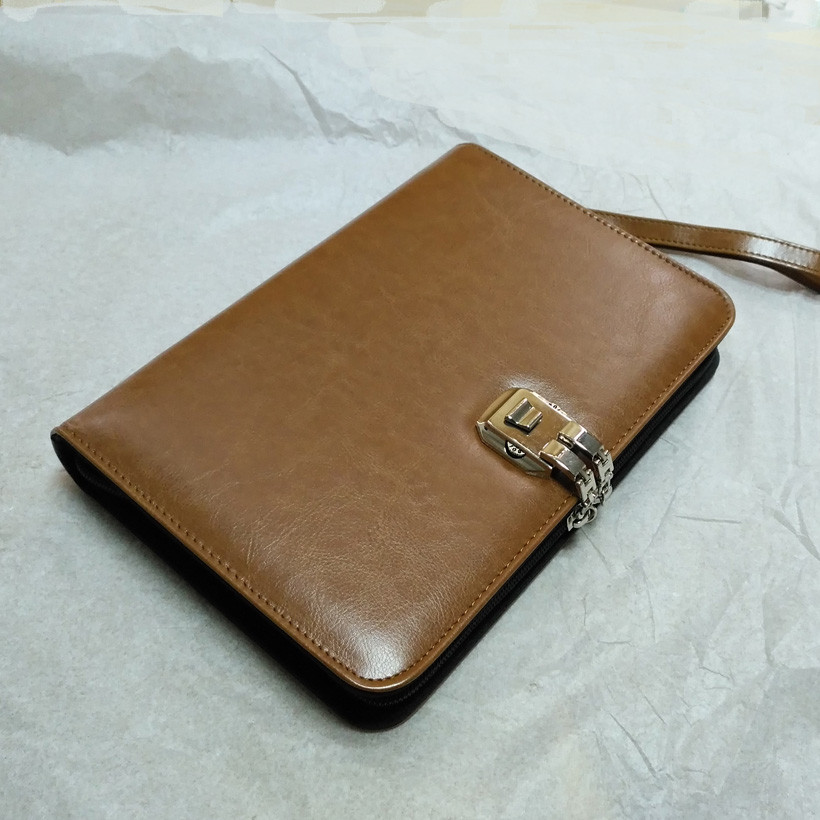 

A5 Senior PU leather padfolio business travel loose leaf notebook planner organizer with Password Lock ring binder lift strap