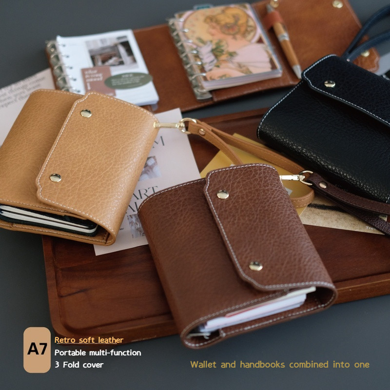 

Retro Soft-Leather Triple-Fold A7 Notebooks Pu Leather Wallet Handheld Ledger With 2 Binders Portable Pocket Book Kawaii Journal