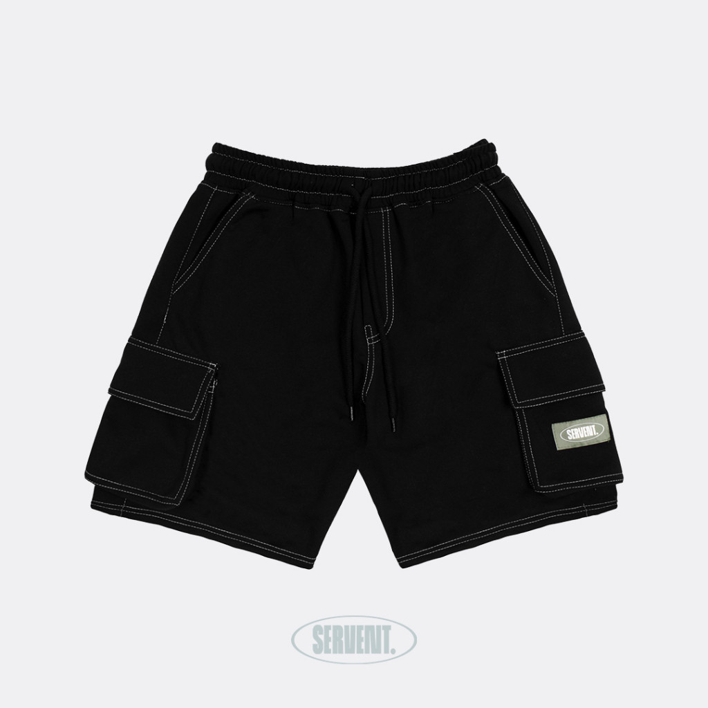 SERVENT - Celana Pendek Cargo Original Terbaru Distro Hitam Aplikasi