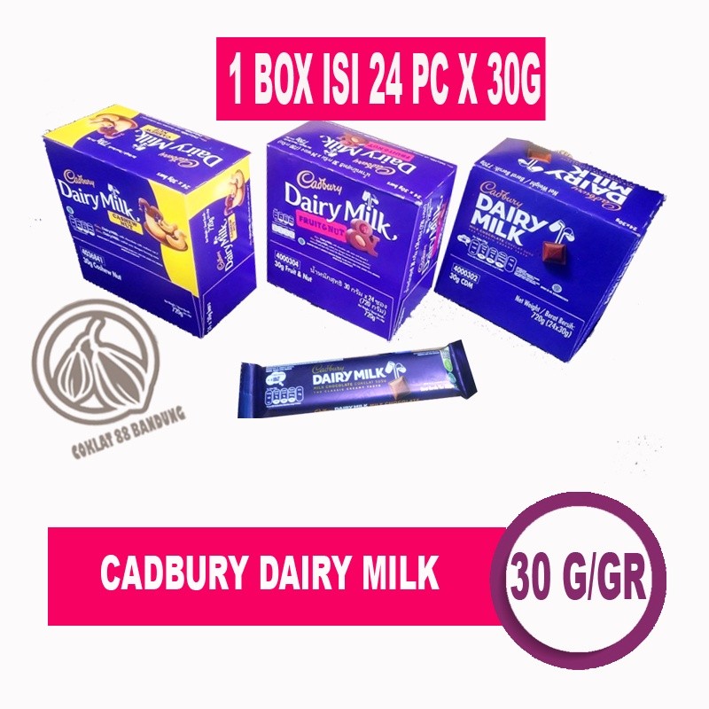 

Cadbury Dairy Milk 1 Box 24 X 30gr, Coklat Cadbury Mini 11 Gram X 20, Cadbury Dairy Milk 15gr X 36