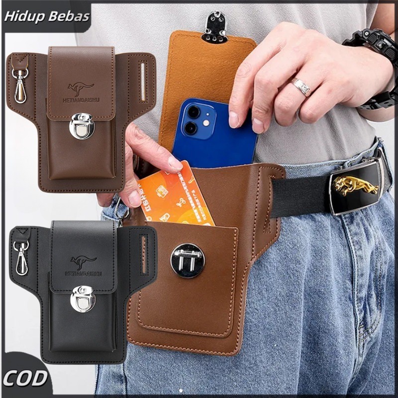 Tas Pinggang Kulit Pria Tas Hp Cowok Tas Pinggang Sabuk Smartphone Holster PU Leather