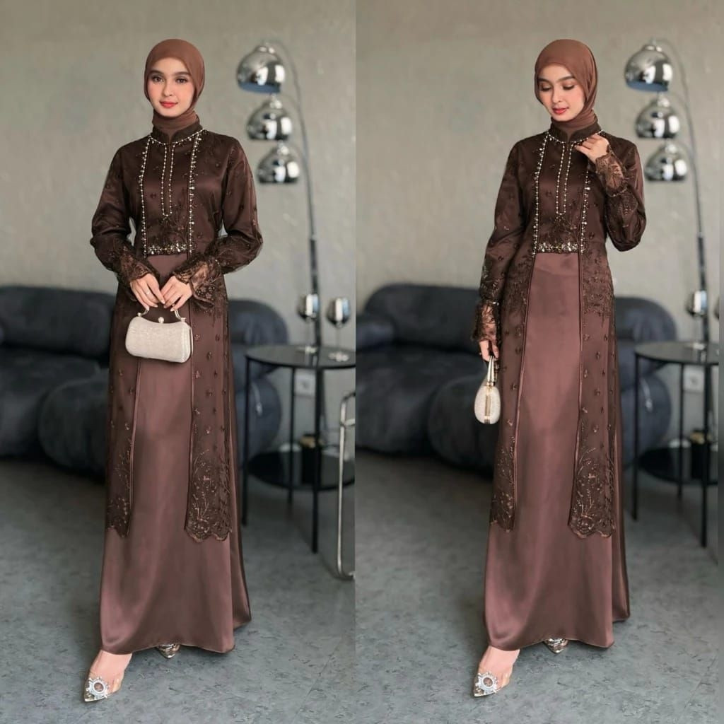 Gamis Brokat + Payet Dress Annisa  Wanita Muslimah Kekinian Elegant One Set Outer Gamis Murah Wanita
