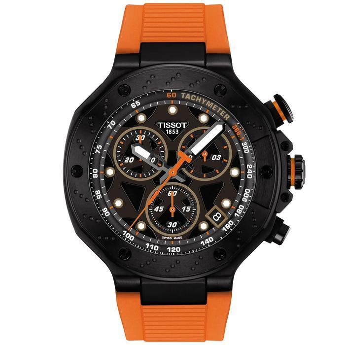 Tissot T-Race 45mm Chronograph Black Dial Orange Synthetic Strap Watch Jam Tangan Pria Original T141