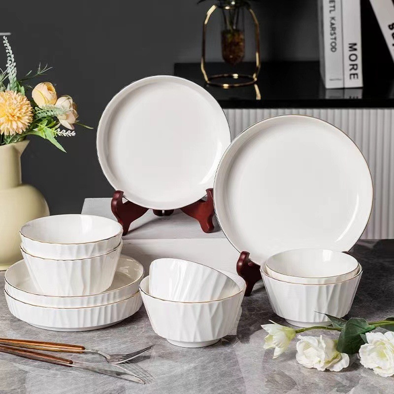 RoyalHuis Piring Keramik Makan Putih corak abstrak putih elegant mewah/ Piring Makan hotel / Piring 