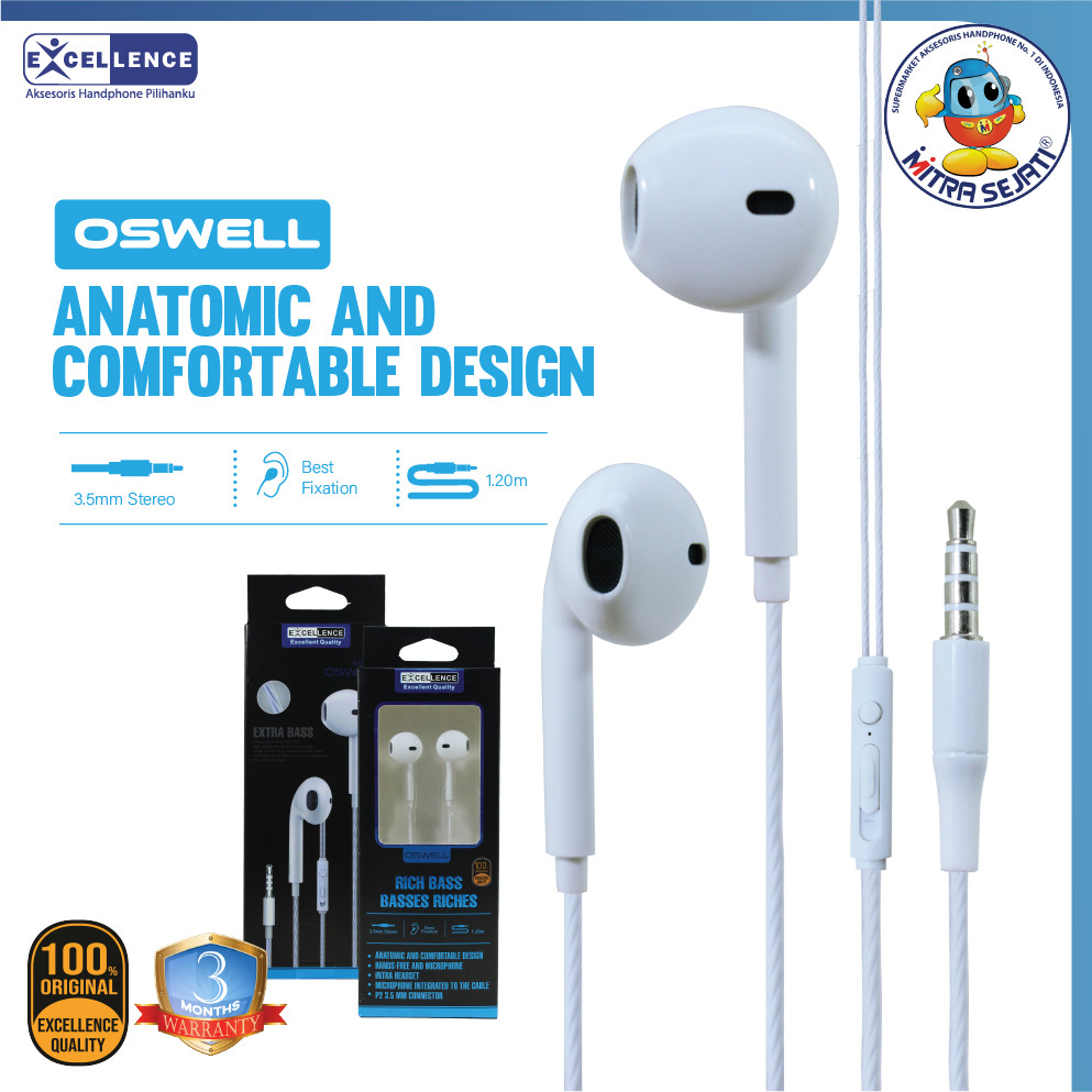 EXCELLENCE Handsfree Extrabass Oswell Earphone Headset Original High Quality