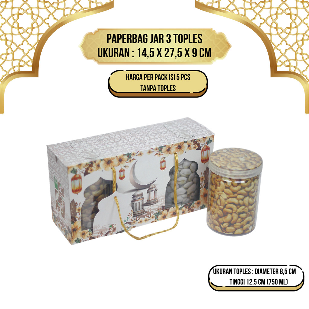 Kotak Toples Jar Isi 3 Toples, PaperBag tabung Idul Fitri, dus toples kue kering Lebaran, Jendela mi