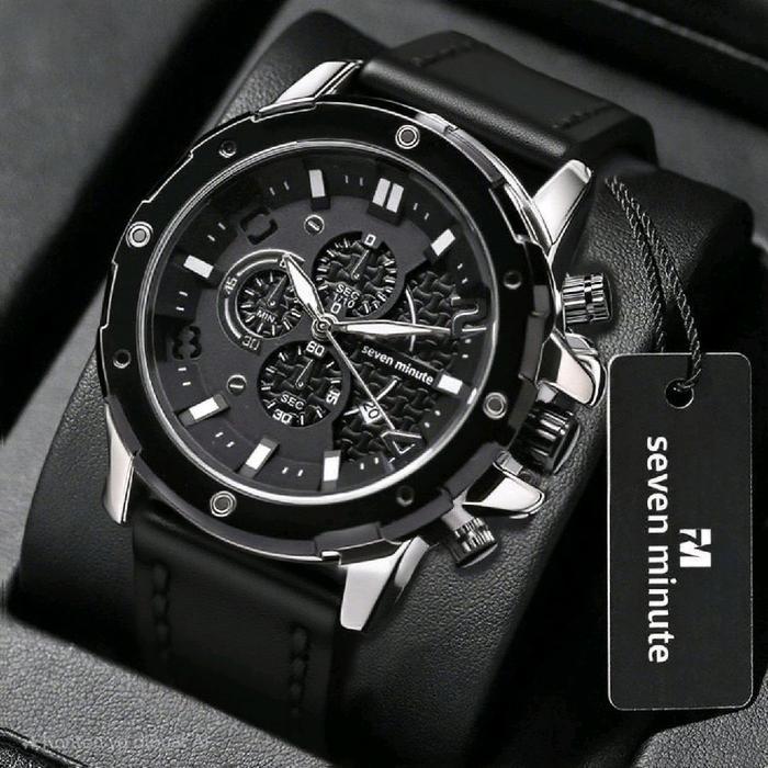 SEVEN MINUTE M729L JAM TANGAN PRIA ORIGINAL TALI KULIT TANGGAL TAHAN AIR - SILVERBLACK-HITAM