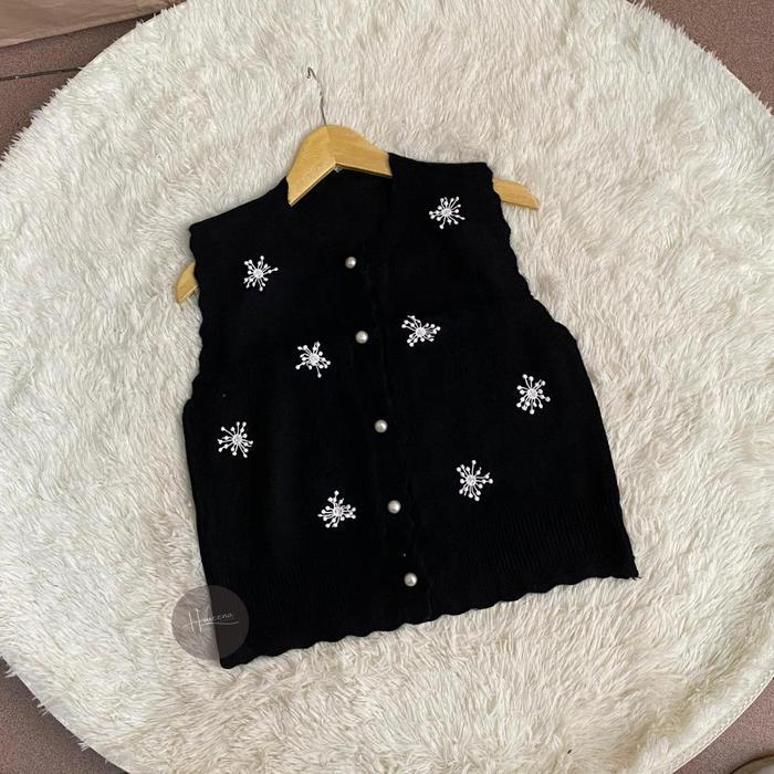 Haseena Vest Knit Zeina Rompi Bunga Kecil Rajut Atasan Outer Wanita Premium Quality Luaran Kekinian 