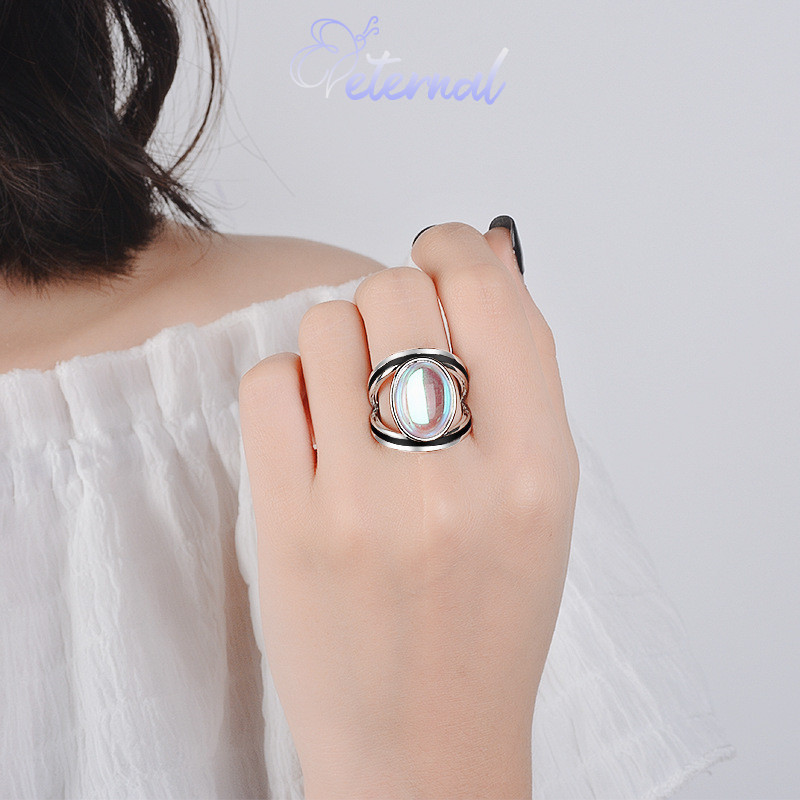 Eternal Cincin batu bulan warna-warni bertatahkan lem Retro perak Thailand berlebihan baru