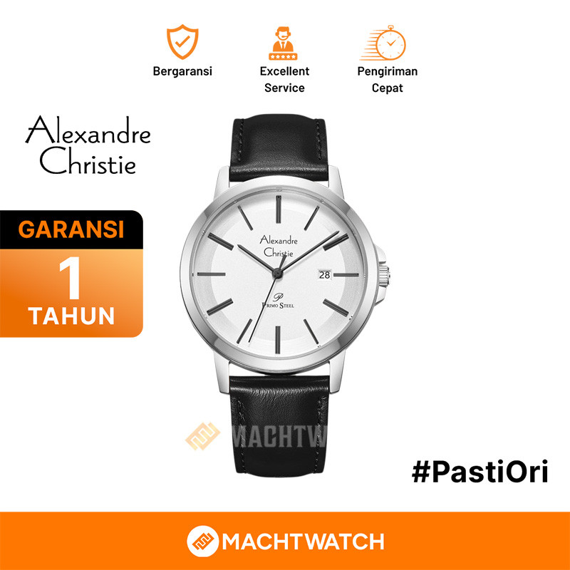 Jam Tangan Pria Alexandre Christie Primo Steel AC 1036 MD LSSSL Men Silver Dial Black Leather Strap