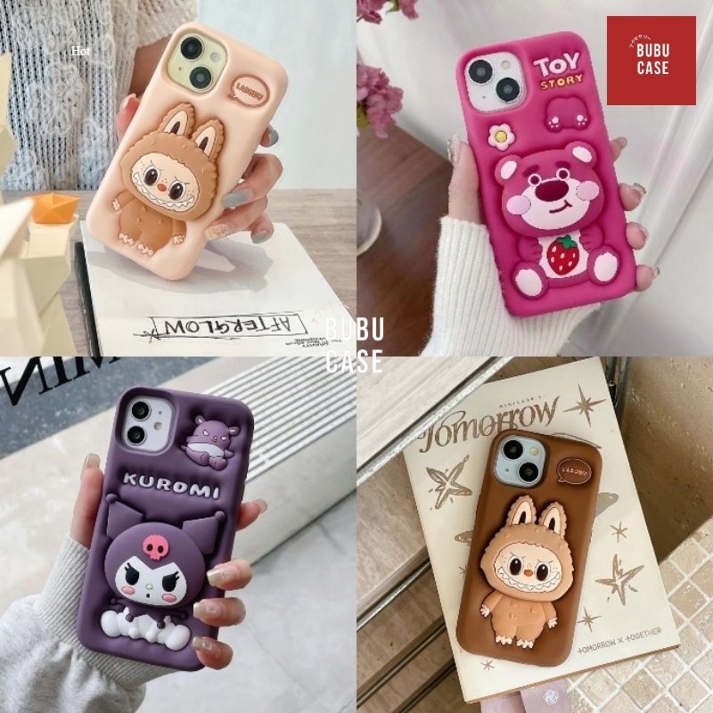 (Panca Aksesoris) Iphone 11 12 13 14 15 Pro Max Cartoon Case Griptok Popsocket Labubu Lotso Kuromi