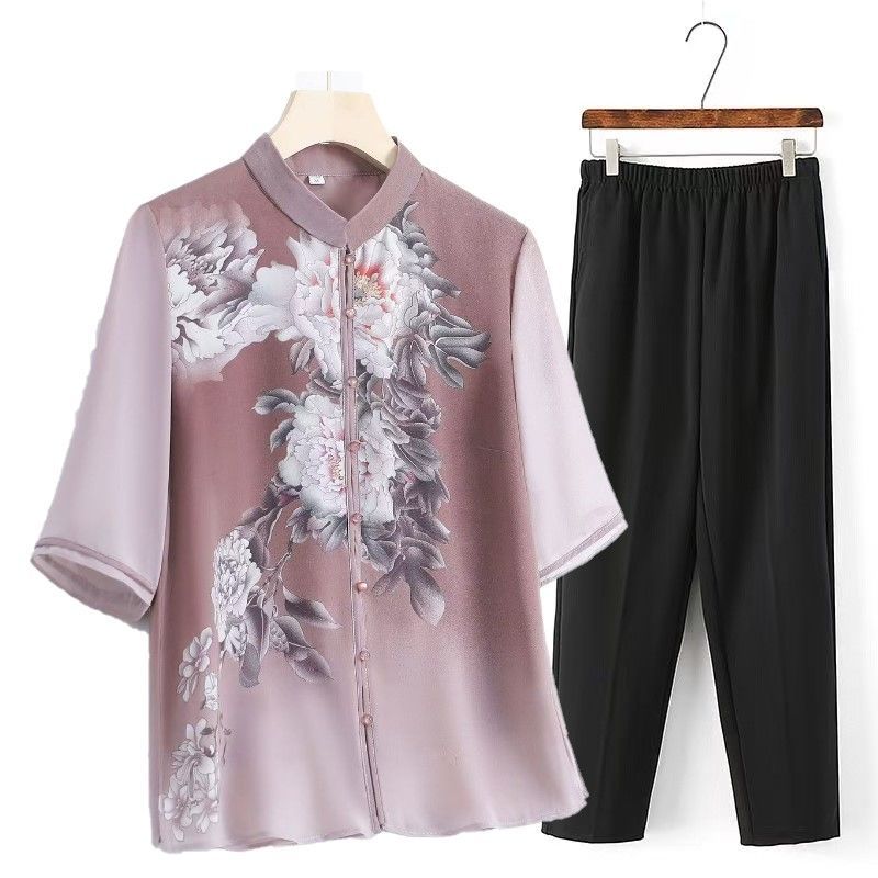 Ibu baju lengan sedang cardigan bermotif lansia baju tipis dua potong