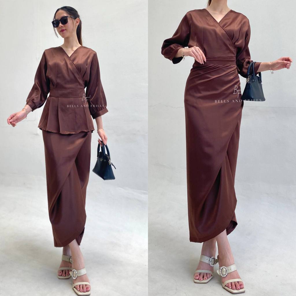 WIDHISTORE NAURA One Set Rok Lilit Satin + Kimono Blouse / Set Satin Wrap Skirt Kondangan / Oneset S