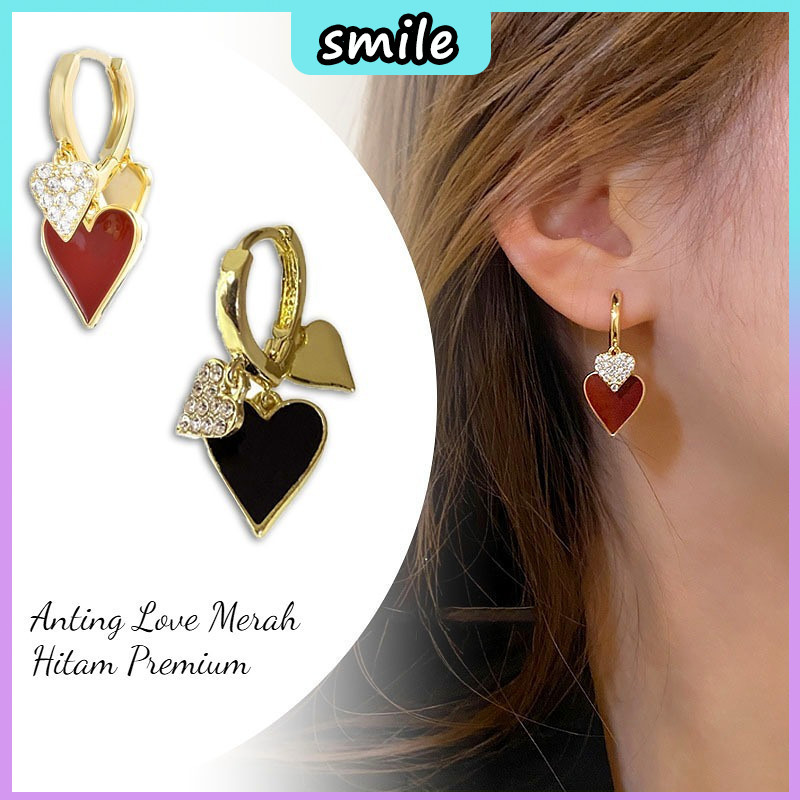 Anting Gantung Berbentuk Hati Wanita - Cincin Telinga Kristal Imitasi Berlapis Emas dengan Hati Warn