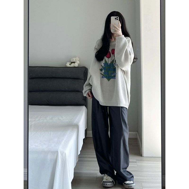 [Beruang kutub] Sweater abu-abu untuk wanita pakaian luar longgar gaya malas desain pullover