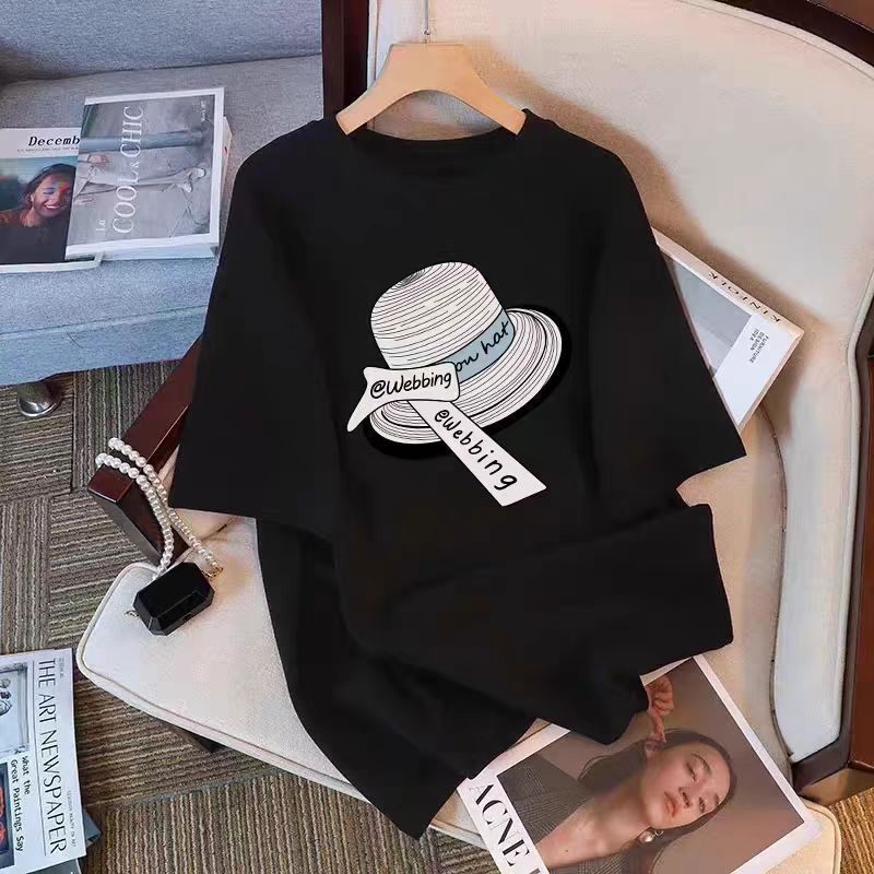kapas murni COD Kaos Putih Motif Topi Jerami & Huruf "Webbing", Katun Santai Musim Panas, Gaya Unik
