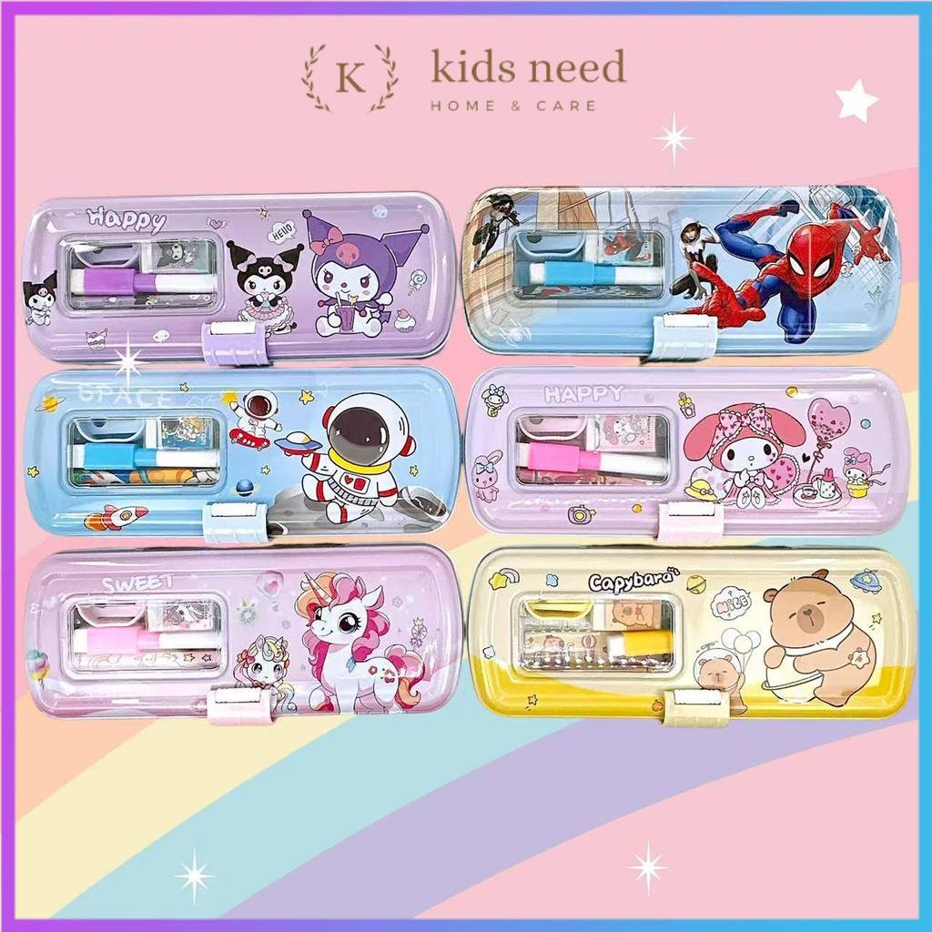 Pensil Case Kaleng Rantang 3 Susun Pakai Sleting Denga ISI / Tempat Pensil Kaleng White Board Karakt