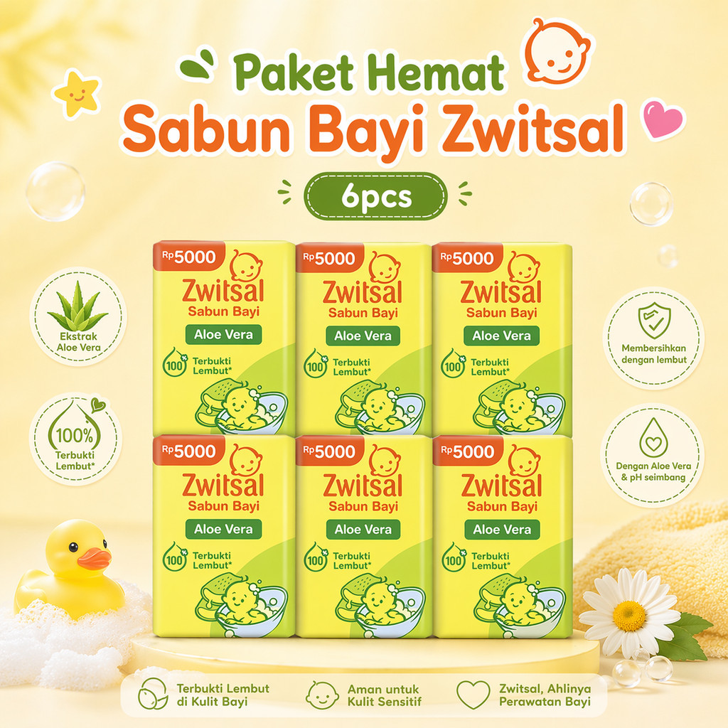 Paket Hemat Zwitsal Sabun Bayi Aloe Vera 70gr Isi 6  – Sabun Bayi Lembut & Melembapkan