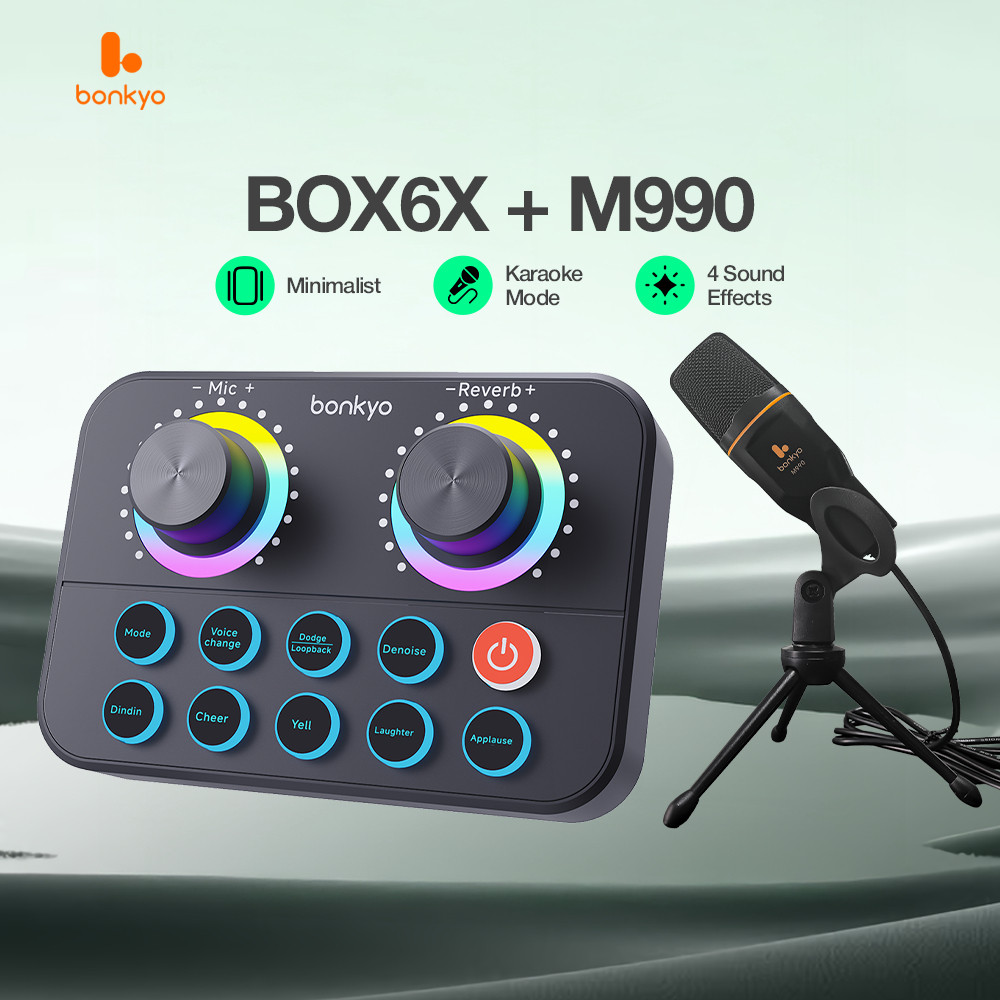 Bonkyo Soundcard BOX6X + Mic M990 - Soundcard Live Stream Karaoke Gaming Anti Kebisingan Efek Suara 