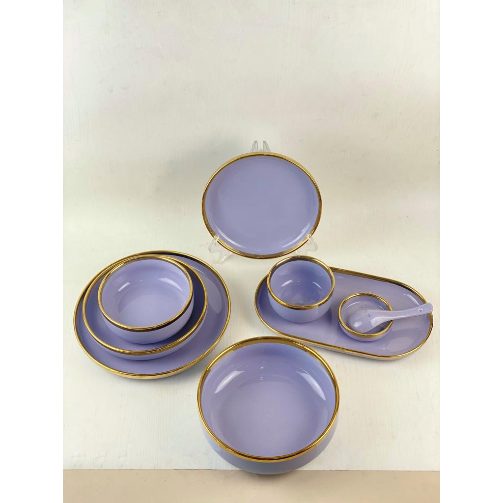 RoyalHuis Piring Set Lengkap Warna Ungu Lilac Gold isi 9 Pcs /  Piring Set Keramik List Emas / Pirin