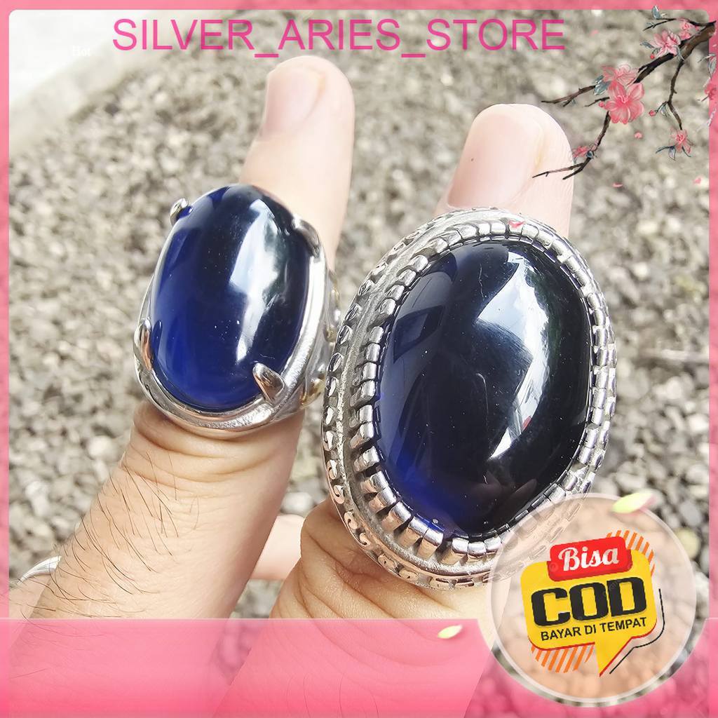 Silver Aries. Cincin Pria Blue King Safir Ukuran Jumbo / Batu Besar dengan Ring Titanium Anti Karat.