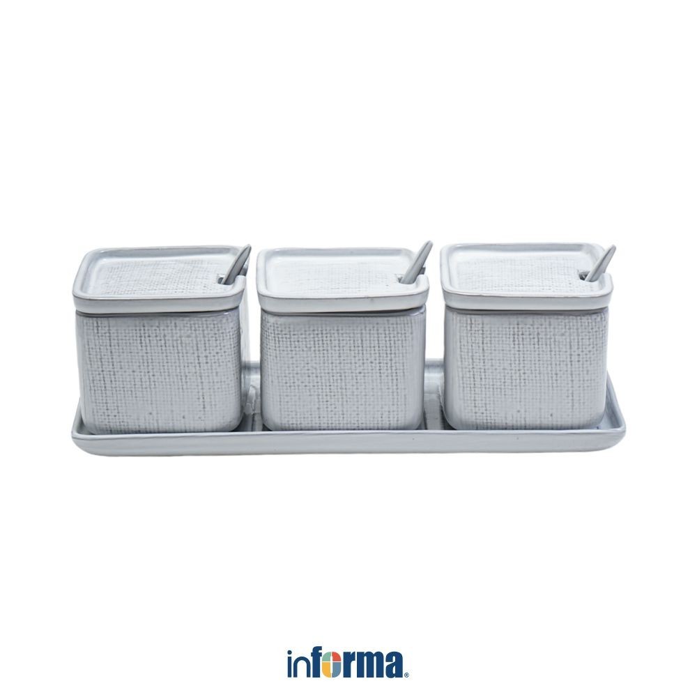 (Giantyy) Informa Appetite Set 3 Pcs Elio Tempat Bumbu Dengan Nampan Square - Putih Spice Jar Tempat