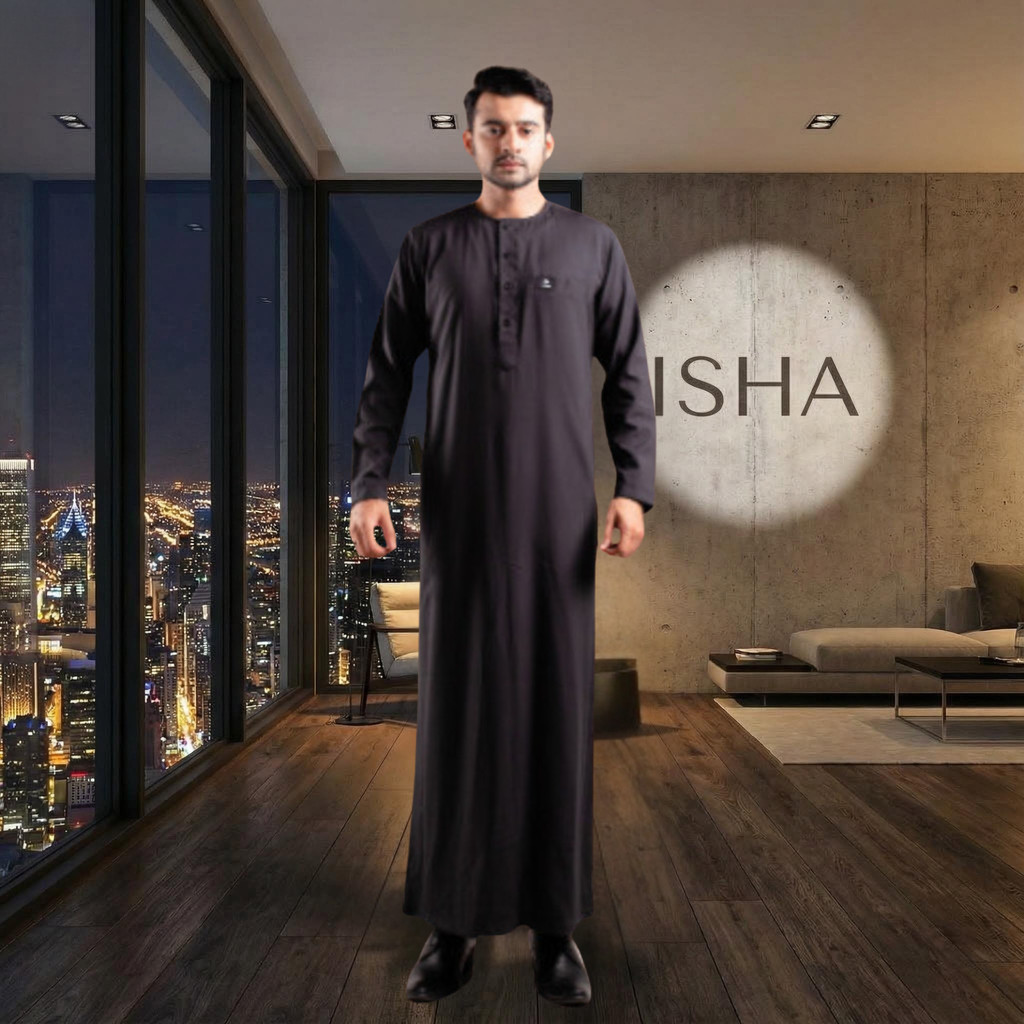 Jubah Thobe Saudi Pria Lengan Panjang   Warna Hitam