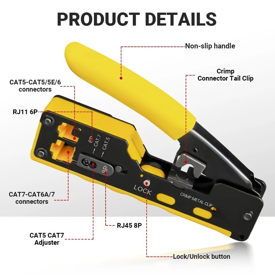 AMPCOM EZType RJ45 Network Crimper  CrimpCut LAN CAT876A65E (STPUTPWith Tail Clip) & RJ1112 TEL Modu