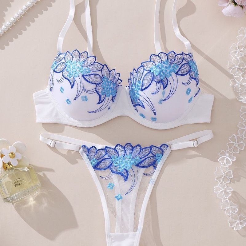 LadyAllure COD Set Lingerie Wanita Bordir Bunga Biru Putih Seksi Bra Underwire Push Up Thong Set Fre