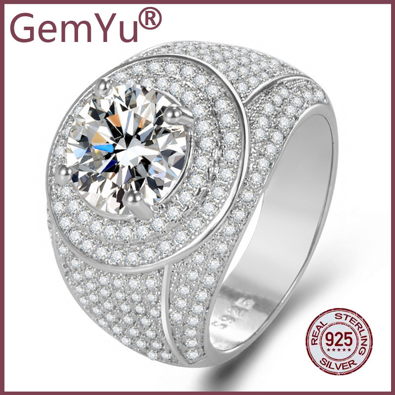 GemYu  Cincin Pria Berlian Moissanite Mewah Berkilau Penuh Berlian Warna Emas Putih Emas Berlapis Be