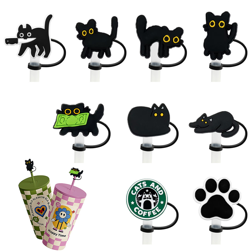Animal Black Cat Silicone Straw Covers For Stanley Water Glass Bottle Drinking Dust Cap Straw Tip Co