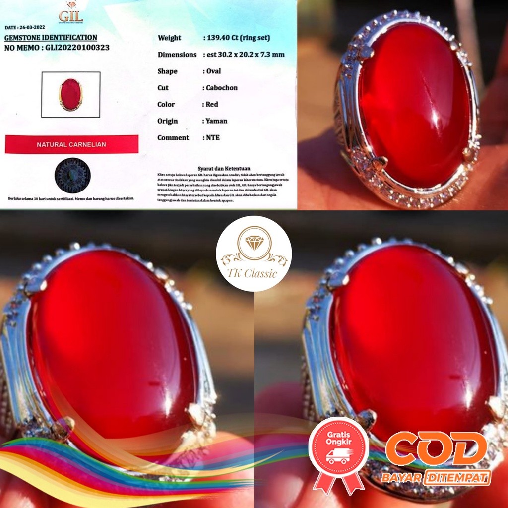 NATURAL BATU PERMATA CARNELIAN YAMAN AHMAR MERAH KRISTAL INCLUDE MEMO GIL GEMS LAB