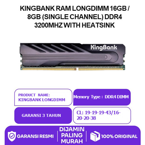 Kingbank Ram Longdimm 16Gb / 8Gb (Single Channel) Ddr4 3200Mhz With Heatsink 3Y