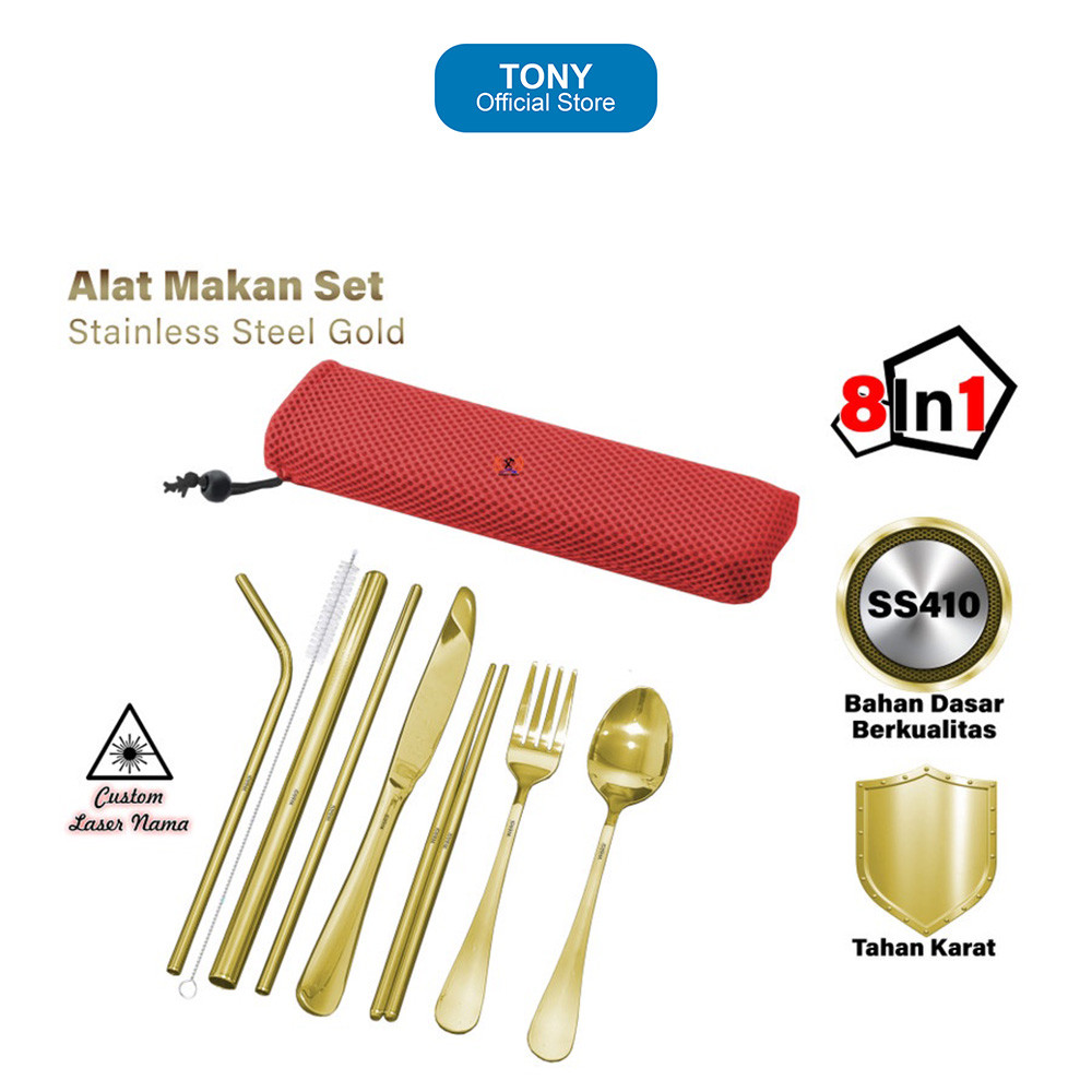 Alat Makan Set 8 In 1 - Gold Stainless Steel Sendok Garpu Sedotan Merah - SET MAKAN 8 IN 1