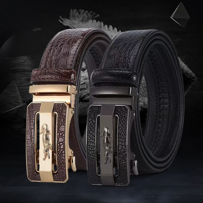 Sabuk pria baru dengan gesper alloy, motif buaya, sabuk pinggang kulit asli.