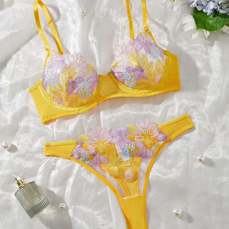 LadyAllure COD Set Lingerie Wanita Kuning Bordir Bunga Transparan Bra Kawat Tipis + Celana Dalam T S