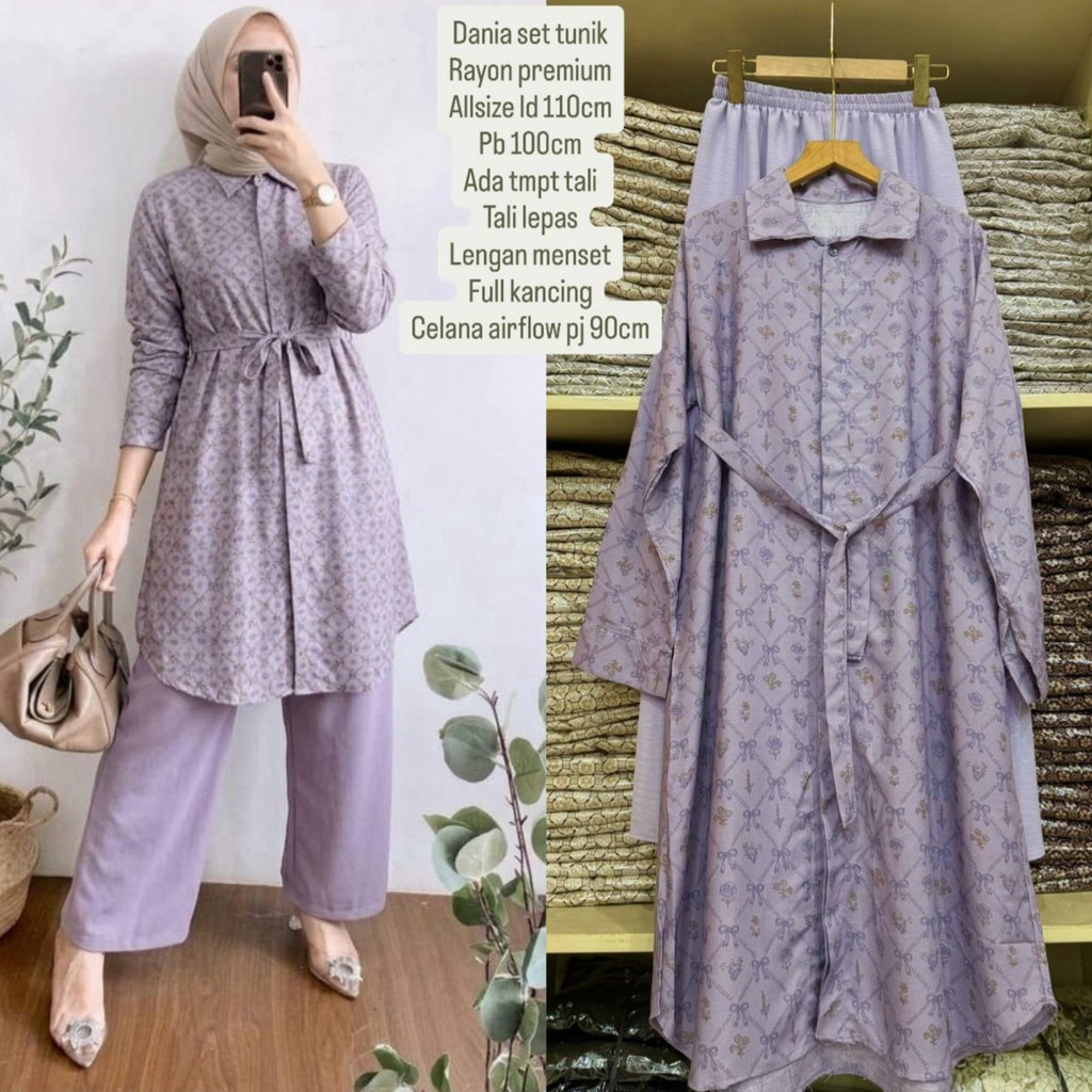 Baju Setelan Tunik Wanita Muslim Dewasa Mewah Model Terbaru Kekinian Long Tunik Set Celana Jumbo | D