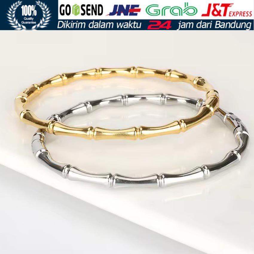 Gelang Titanium Bangle Bambu Pria Wanita / Desain Bamboo Elegant Simple / Pengunci Samping Praktis /