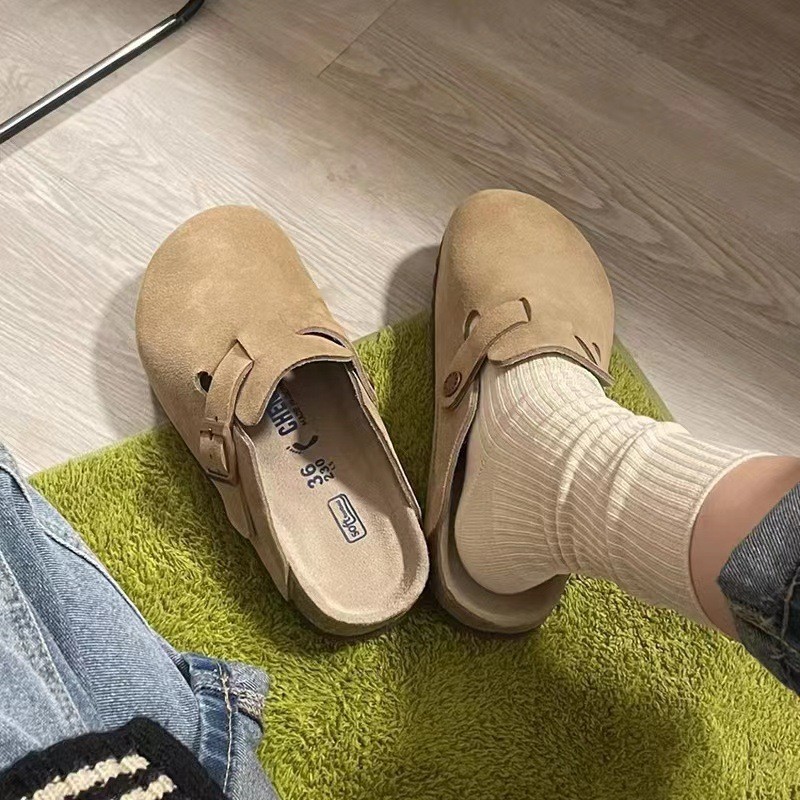 Sepatu Birkenstock Sepatu Wanita Birkenstock Sandal Setengah Tertutup Kulit Asli Sol Tebal Datar Ret