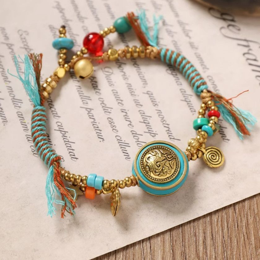 Gelang anyaman antik Manik tembaga Nepal aksesoris tali tangan angin etnik eksotis