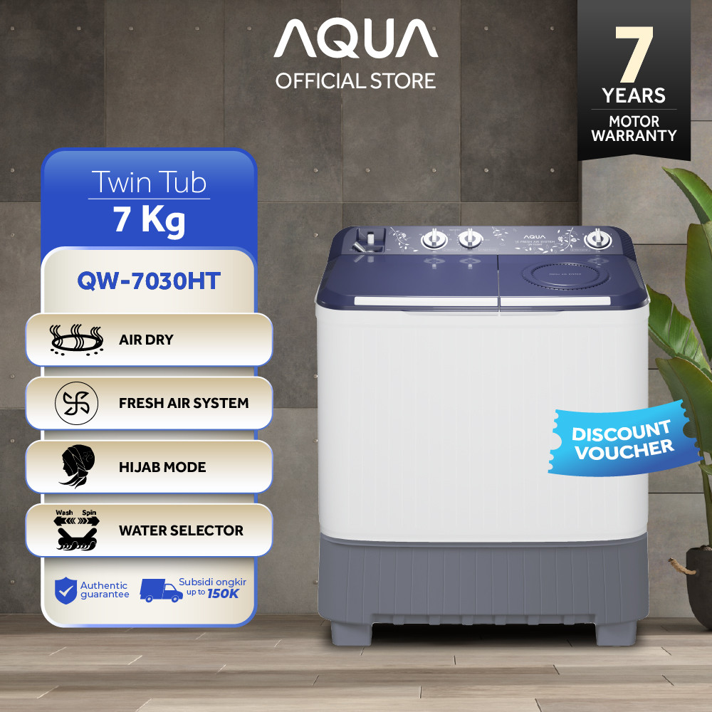 AQUA Elektronik Mesin Cuci Twin Tub 7 Kg QW-7030HT - Hijab Mode - Air Dry Spin Lid - Water Selector 
