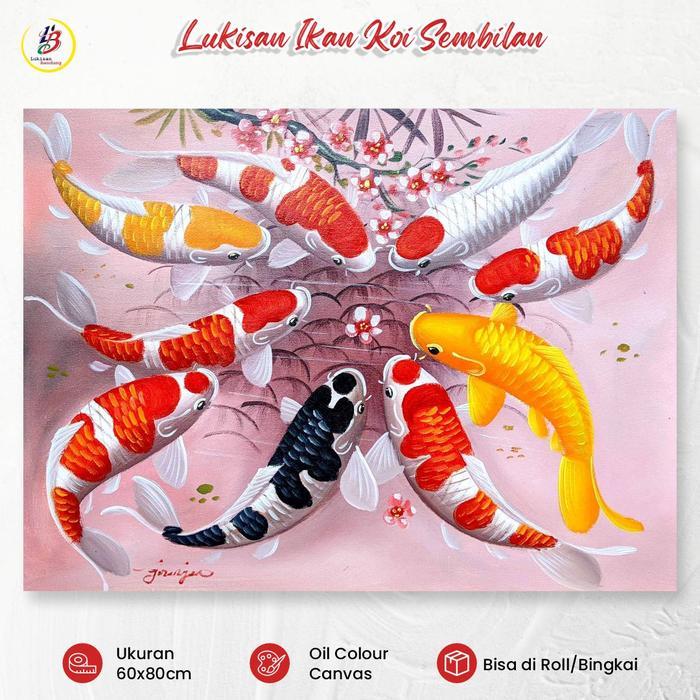 (Speeds Home) Lukisan Koi 9 Ekor 60x80 - Lukisan Kanvas Ikan Koi untuk Ruang Tamu & Fengshui - 4, Di