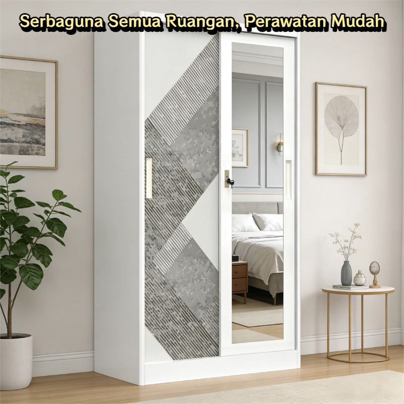 Lemari Pakaian Baja Pintu Geser 2 Pintu | Lemari Baju Besi Sliding Kokoh untuk Kamar Tidur
