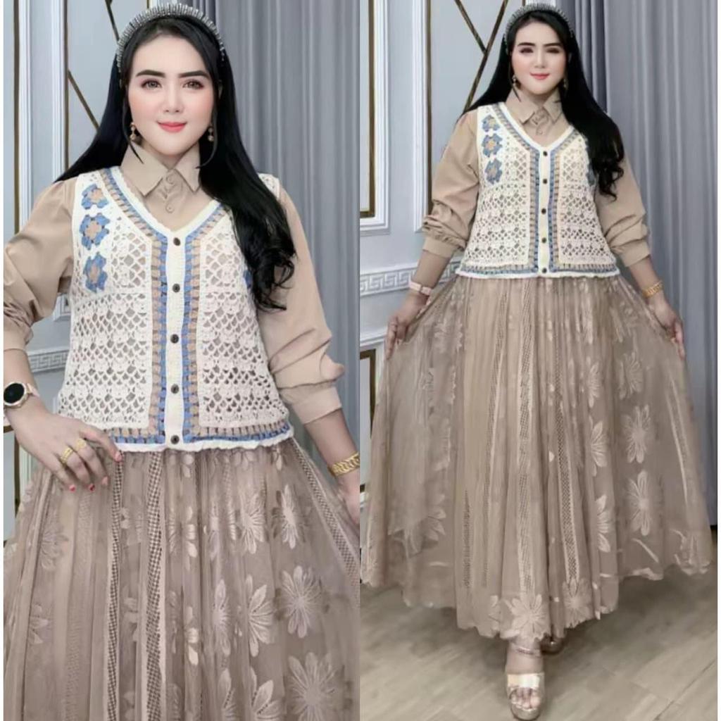 Baju Wanita Rajut Rompi Brokat Bervariasi Rompi Lepas -  Atas Bahan Silk Bawah Brokat, Lengan panjan