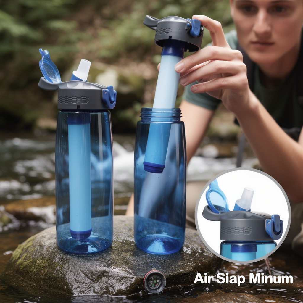 botol filter air portable penyaring air minum outdoor camping hiking survival tritan karbon aktif
