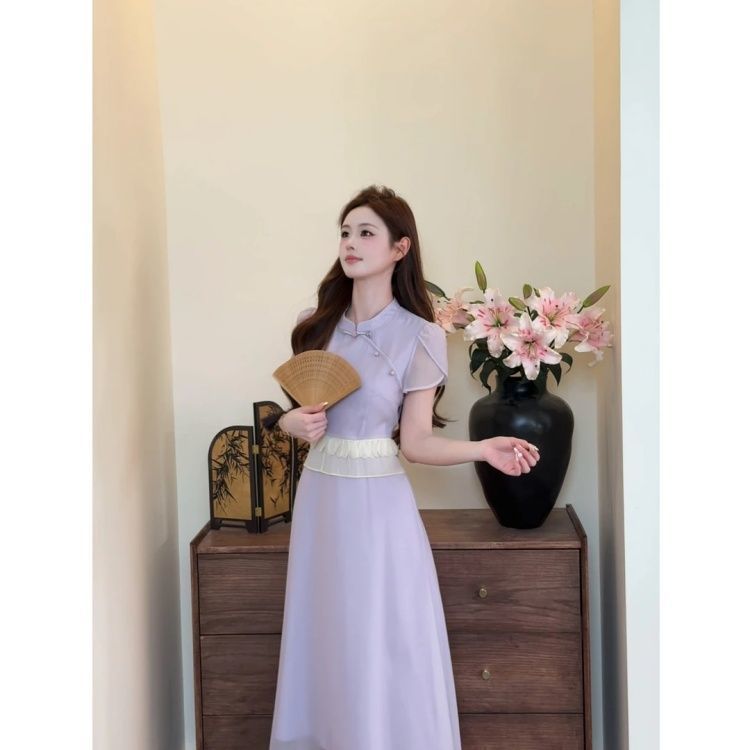 [COD]Gaun lengan pendek ungu retro, rok ramping, gaun lengan pendek ungu