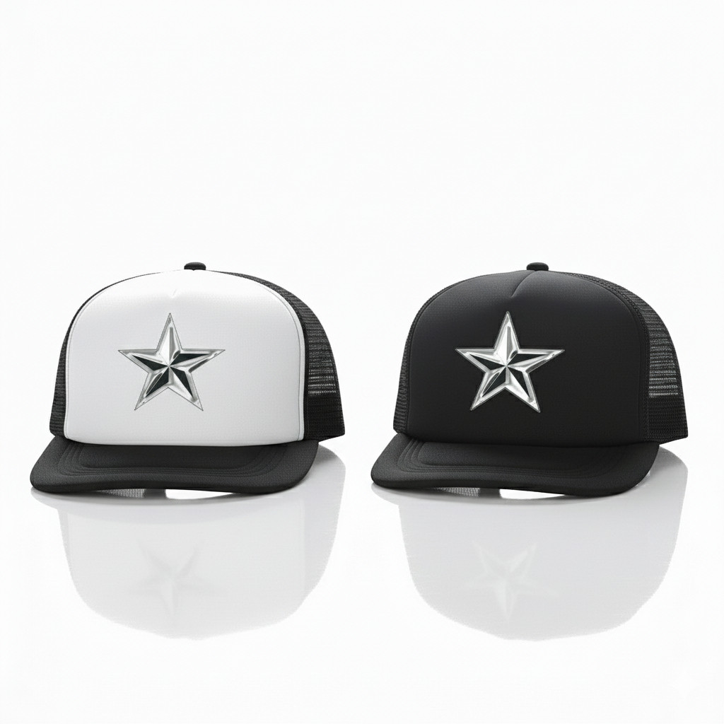 Topi Trucker Jaring Bintang Silver Hitam Putih Polos / Topi Jaring Distro Kekinian